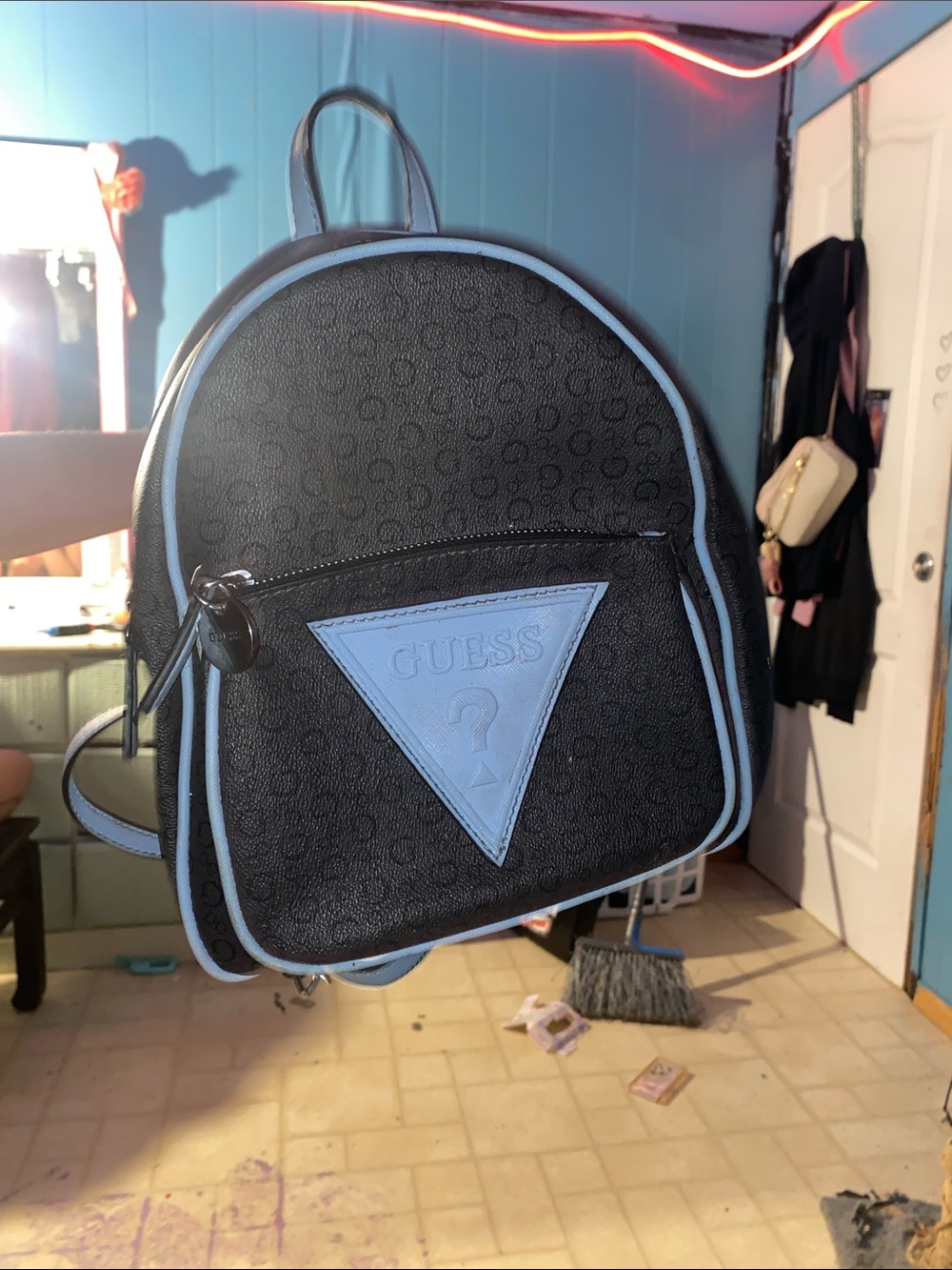 GUESS Black Backpack with Light Blue Trim and Logo Patch